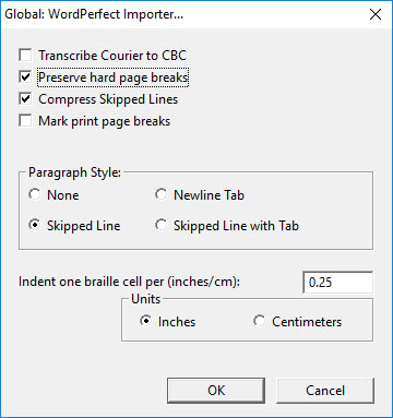Image shows the Global: WordPerfect Importer dialog.
